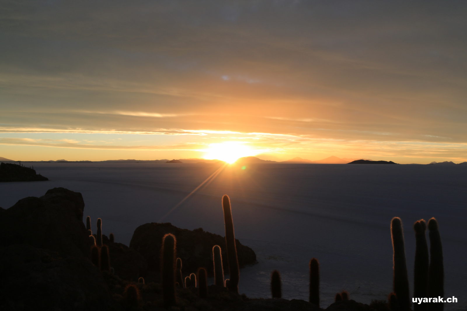 Sonnenuntergang bei der Isla Incahuasi, Salar de Uyuni, Bolivien